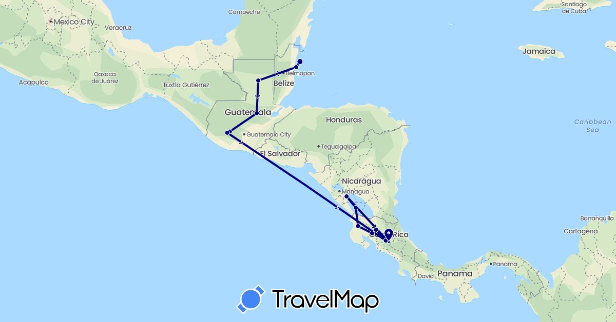 TravelMap itinerary: driving in Belize, Costa Rica, Guatemala, Nicaragua (North America)